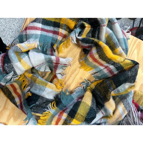 Funky Monkey 12" x 29" Infinity Scarf Yellow Gray Plaid Fringe - Picture 2 of 5